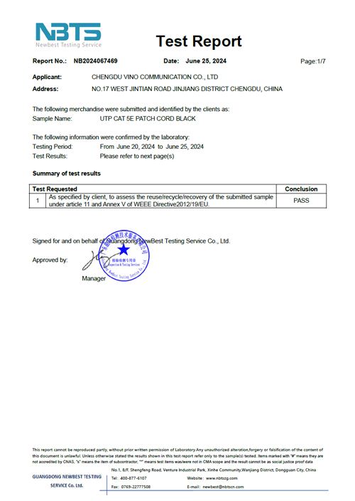WEEE Ethernet Cable Certificate